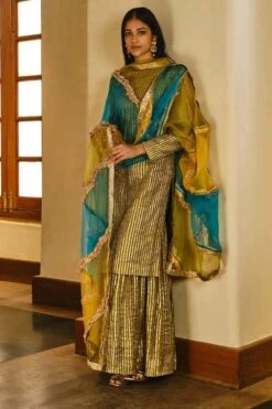 Itrh Striped Sharara Set With Colourblocked Dupatta