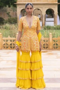 Arpita Mehta Yellow Mirror Embellished Sharara Set