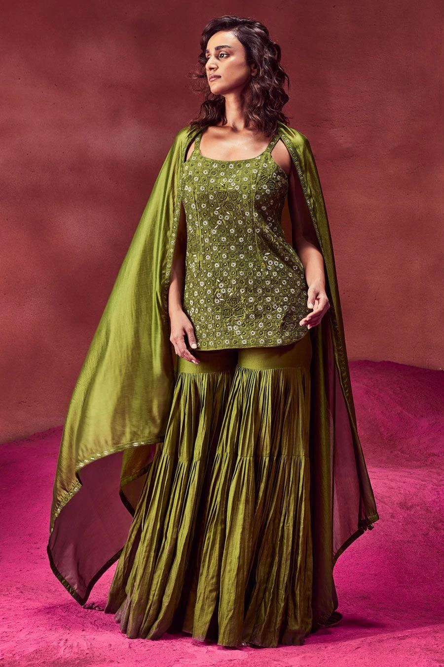 Punit Balana Olive Green Strappy Kurta & Gharara Set 3 Punit Balana Olive Green Strappy Kurta & Gharara Set