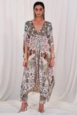 AK-OK By Anamika Khanna Printed Silk Pick Up Cape With Fitted Pants