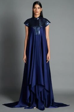 Amit Aggarwal Navy Blue Draped Gown With Metallic Details