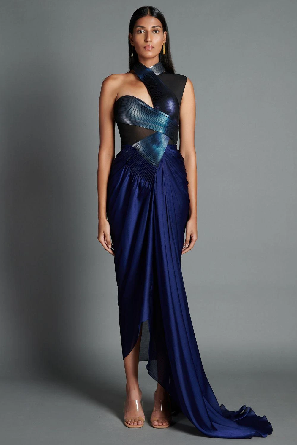 Amit Aggarwal Navy Blue Metallic Moulded Draped Gown 3 Amit Aggarwal Navy Blue Metallic Moulded Draped Gown