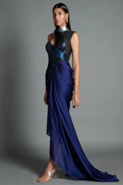 Amit Aggarwal Navy Blue Metallic Moulded Draped Gown 6 Amit Aggarwal Navy Blue Metallic Moulded Draped Gown -Divine Couture 087 ibl 2