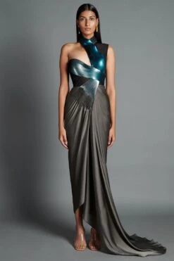 Amit Aggarwal Grey Metallic Moulded Draped Gown