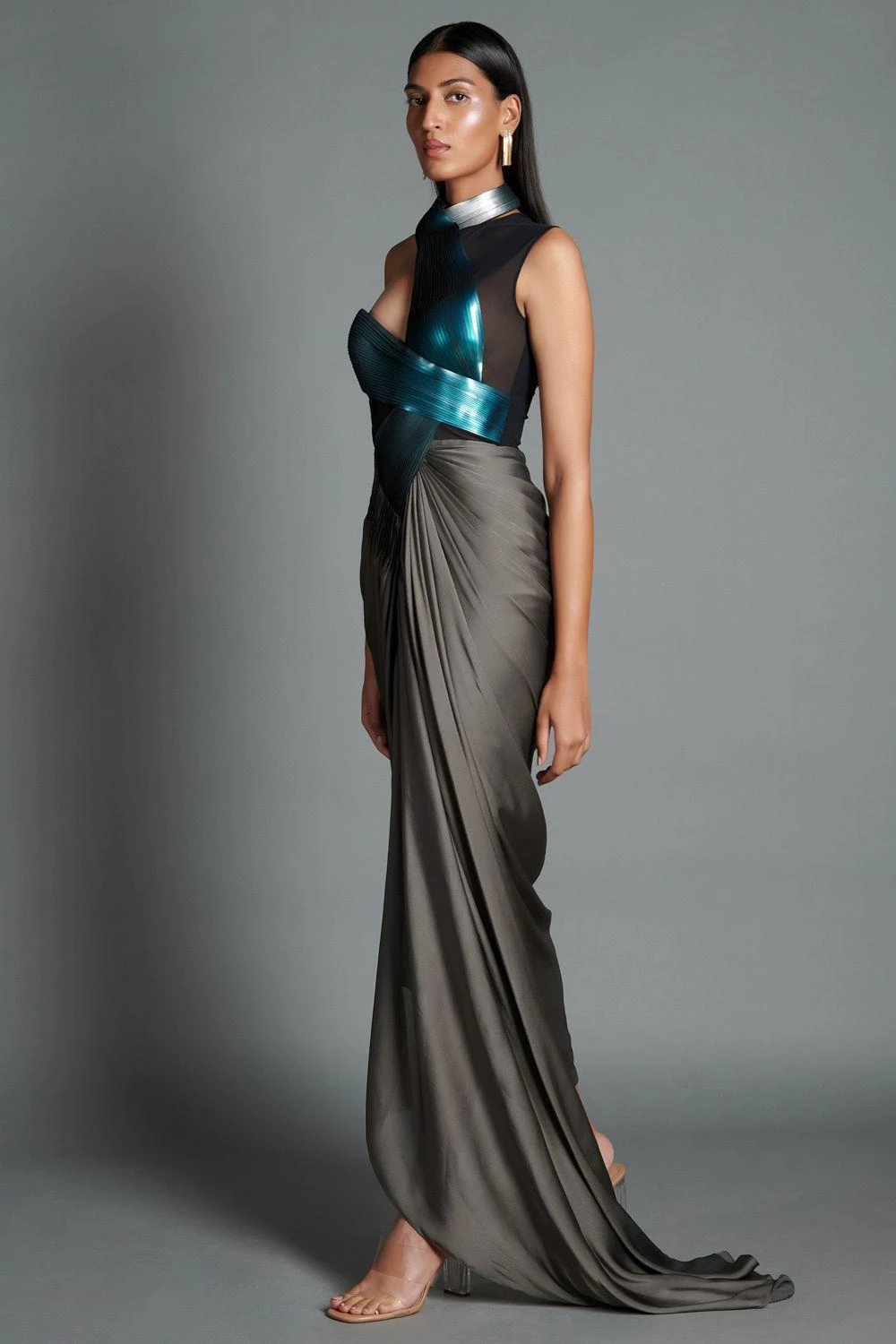Amit Aggarwal Grey Metallic Moulded Draped Gown 4 Amit Aggarwal Grey Metallic Moulded Draped Gown - Image 2