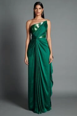 Amit Aggarwal Emerald Green Metallic Moulded Strapless Gown