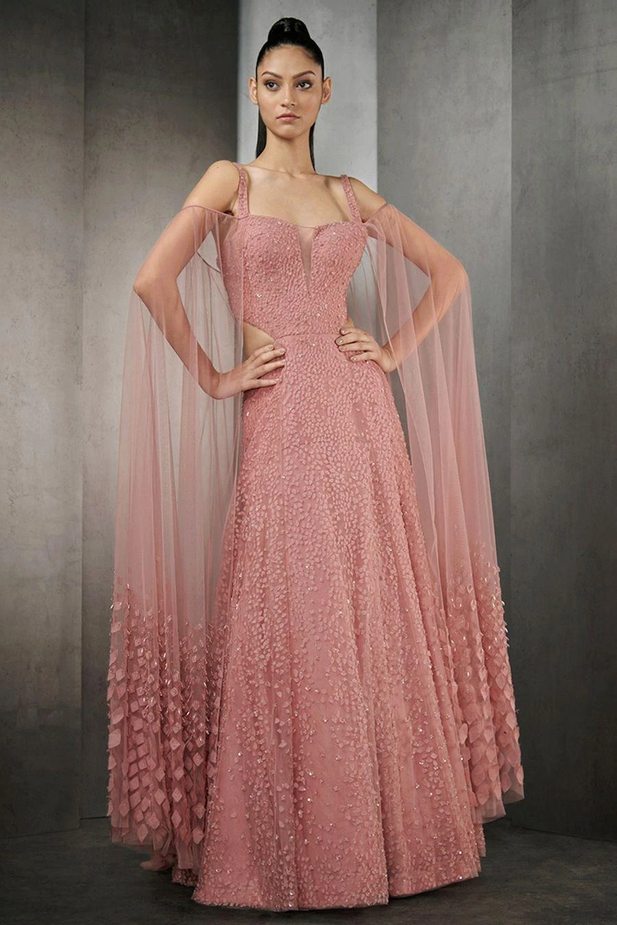 Rohit Gandhi + Rahul Khanna Pink Fray Gown With Cutouts 3 Rohit Gandhi + Rahul Khanna Pink Fray Gown With Cutouts