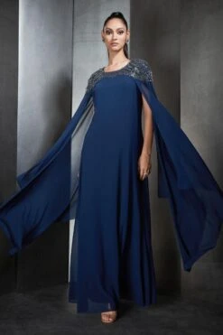 Rohit Gandhi + Rahul Khanna Blue Embellished Gown With Cape Sleeves