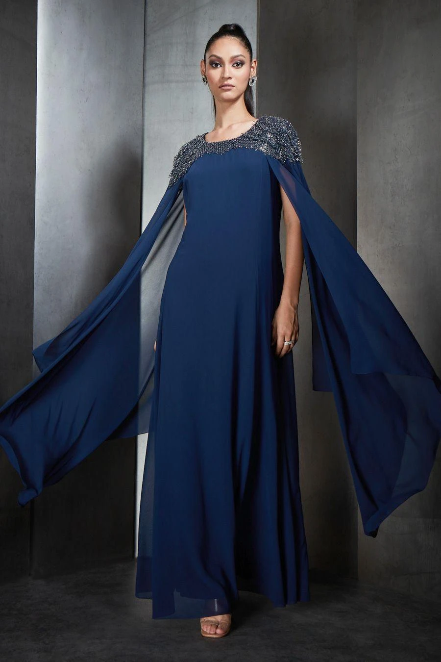 Rohit Gandhi + Rahul Khanna Blue Embellished Gown With Cape Sleeves 3 Rohit Gandhi + Rahul Khanna Blue Embellished Gown With Cape Sleeves