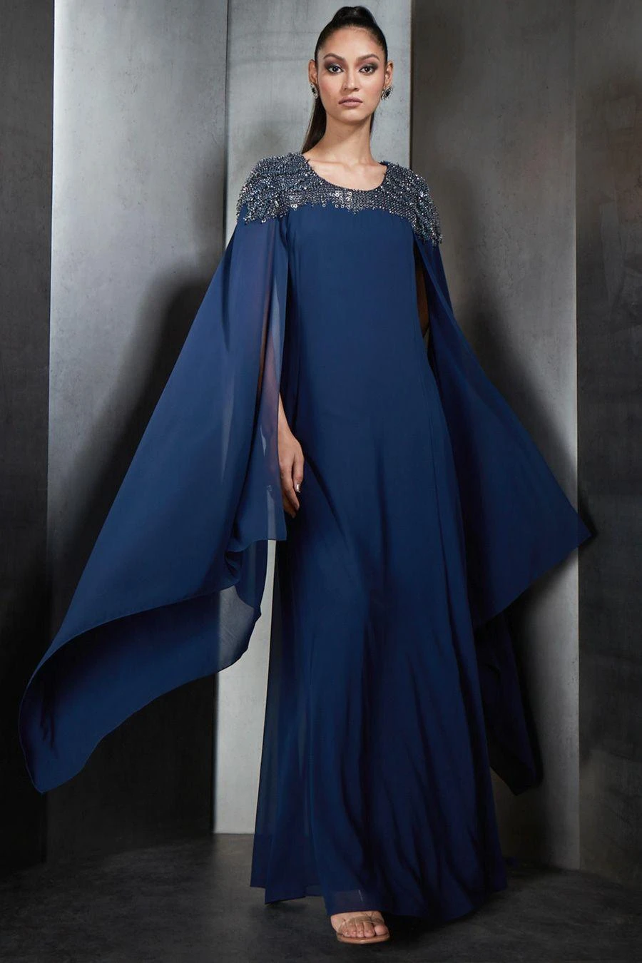 Rohit Gandhi + Rahul Khanna Blue Embellished Gown With Cape Sleeves 4 Rohit Gandhi + Rahul Khanna Blue Embellished Gown With Cape Sleeves - Image 2