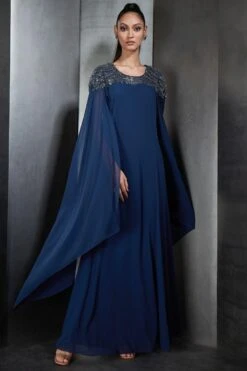 Rohit Gandhi + Rahul Khanna Blue Embellished Gown With Cape Sleeves 10 Rohit Gandhi + Rahul Khanna Blue Embellished Gown With Cape Sleeves -Divine Couture 0911rg34 3