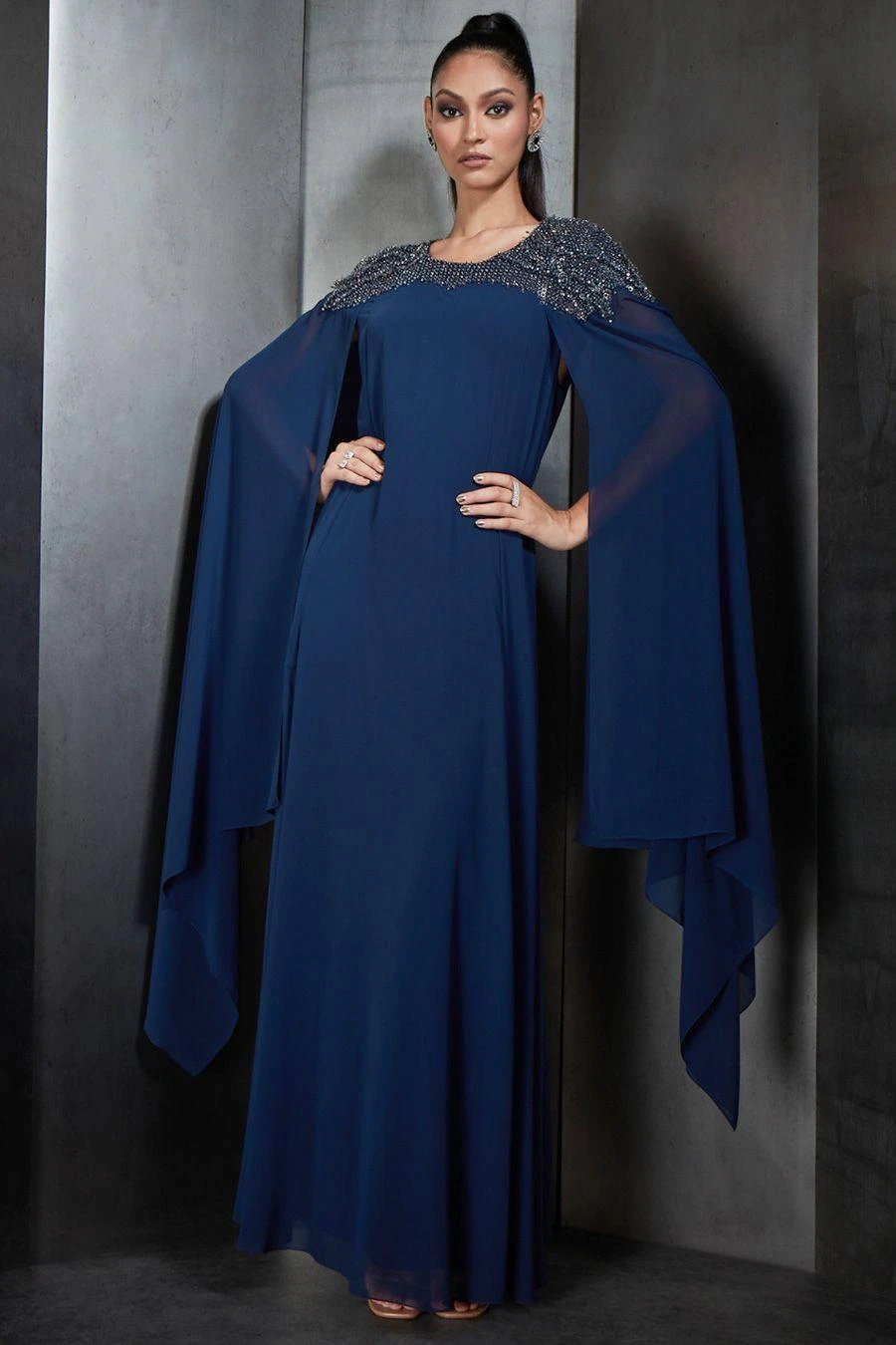 Rohit Gandhi + Rahul Khanna Blue Embellished Gown With Cape Sleeves 6 Rohit Gandhi + Rahul Khanna Blue Embellished Gown With Cape Sleeves - Image 4