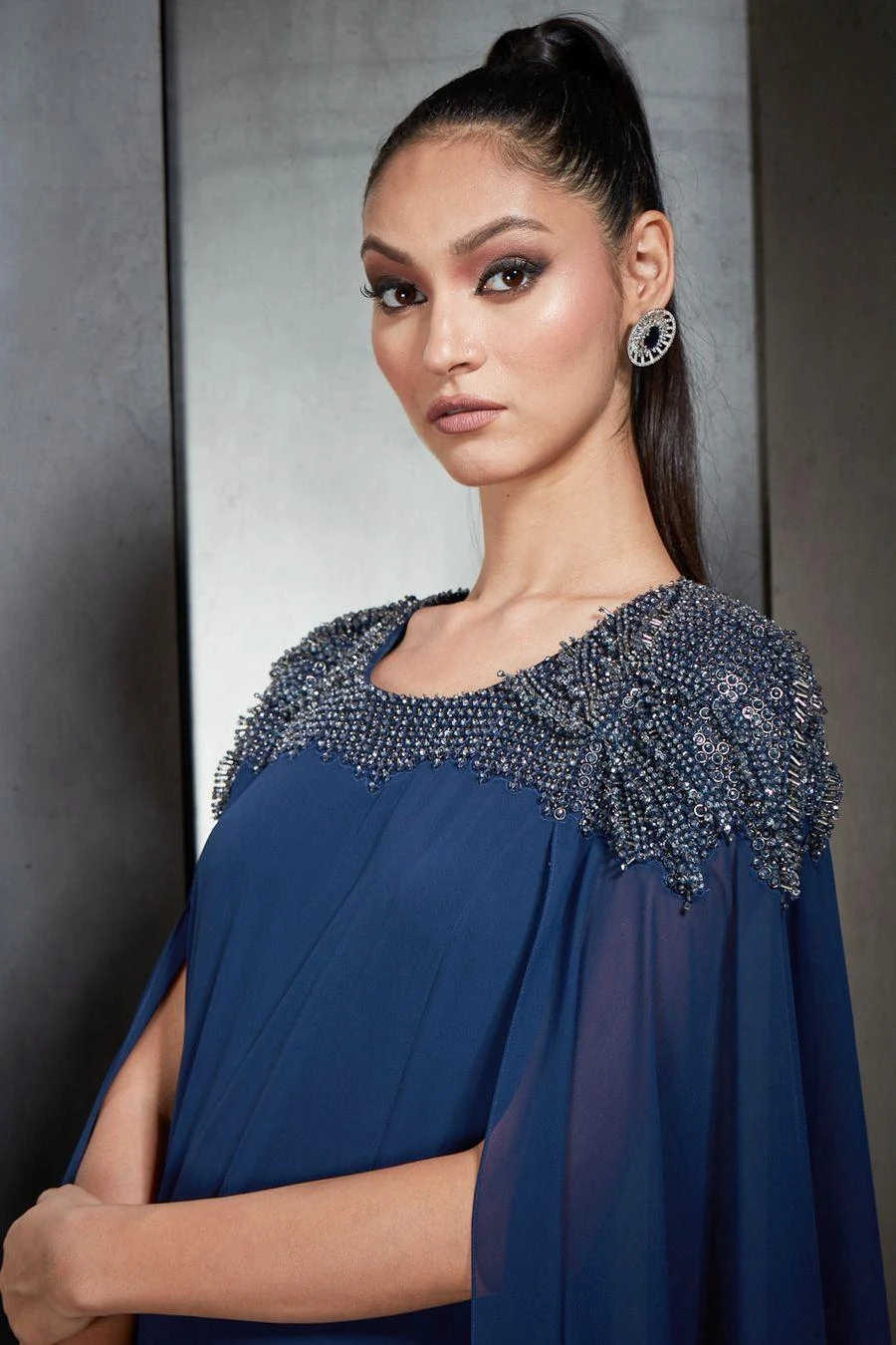 Rohit Gandhi + Rahul Khanna Blue Embellished Gown With Cape Sleeves 7 Rohit Gandhi + Rahul Khanna Blue Embellished Gown With Cape Sleeves - Image 5
