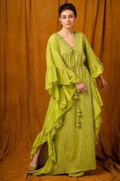Surily G Green Hakoba Kaftan With Ruffles