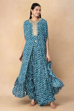 Arpita Mehta Teal Mirror Embellished & Printed Cape Set