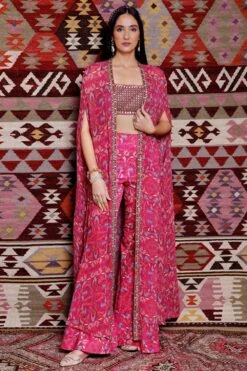 Ridhima Bhasin Fuchsia Floral Print Embroidered Cape Set