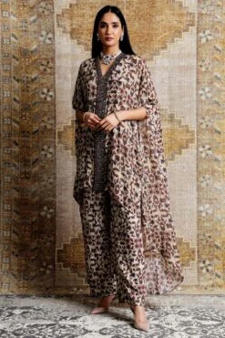 Ridhima Bhasin Beige & Navy Floral Print Kaftan Set
