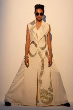 Richa Khemka Beige & Gold Quilted Jacket & Jumpsuit Set