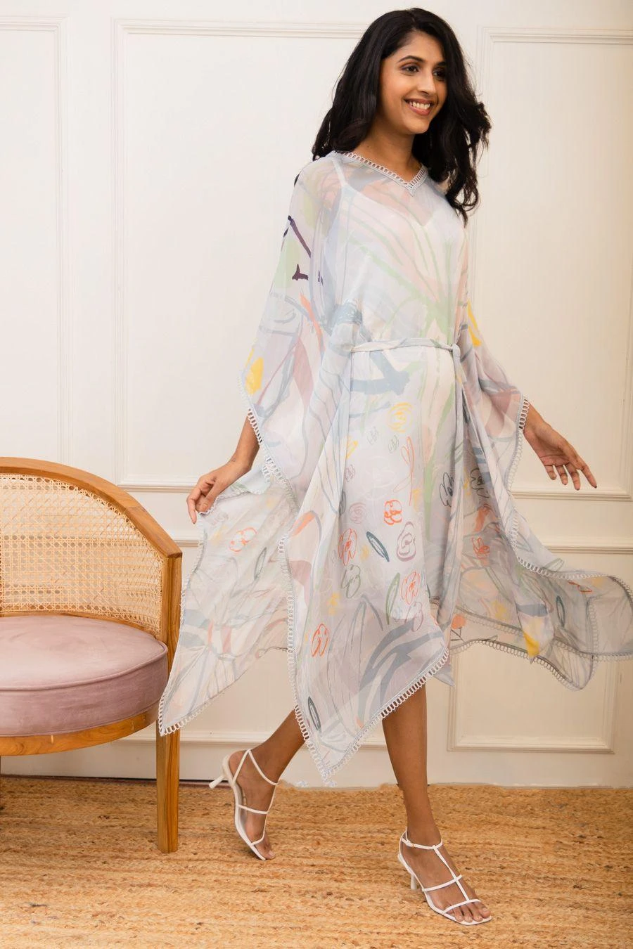 Varun Bahl Pret Ice Blue Floral Printed Kaftan With A Belt 5 Varun Bahl Pret Ice Blue Floral Printed Kaftan With A Belt - Image 3