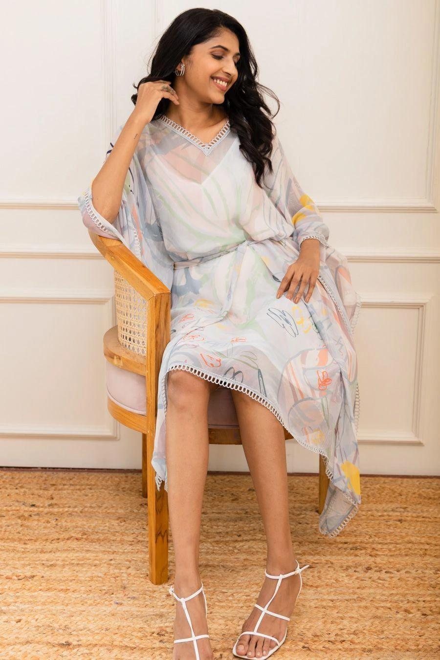 Varun Bahl Pret Ice Blue Floral Printed Kaftan With A Belt 6 Varun Bahl Pret Ice Blue Floral Printed Kaftan With A Belt - Image 4