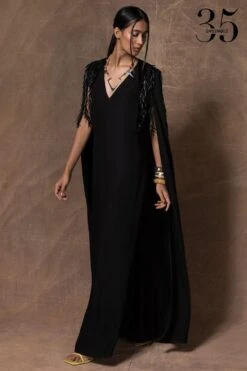 431-88 By Shweta Kapur Black Cape Sleeve Long Dress -Divine Couture 115ske17 3