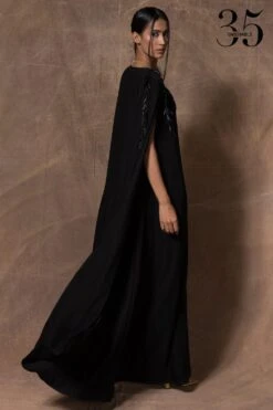 431-88 By Shweta Kapur Black Cape Sleeve Long Dress -Divine Couture 115ske17 5