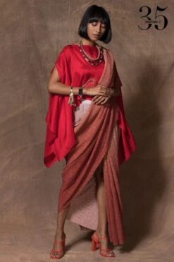 431-88 By Shweta Kapur Red Cropped Silk Cape Top -Divine Couture 115ske9 4