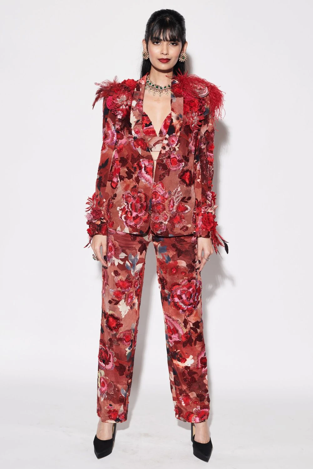 Varun Bahl Red Printed Power Shoulder Jacket Set 3 Varun Bahl Red Printed Power Shoulder Jacket Set