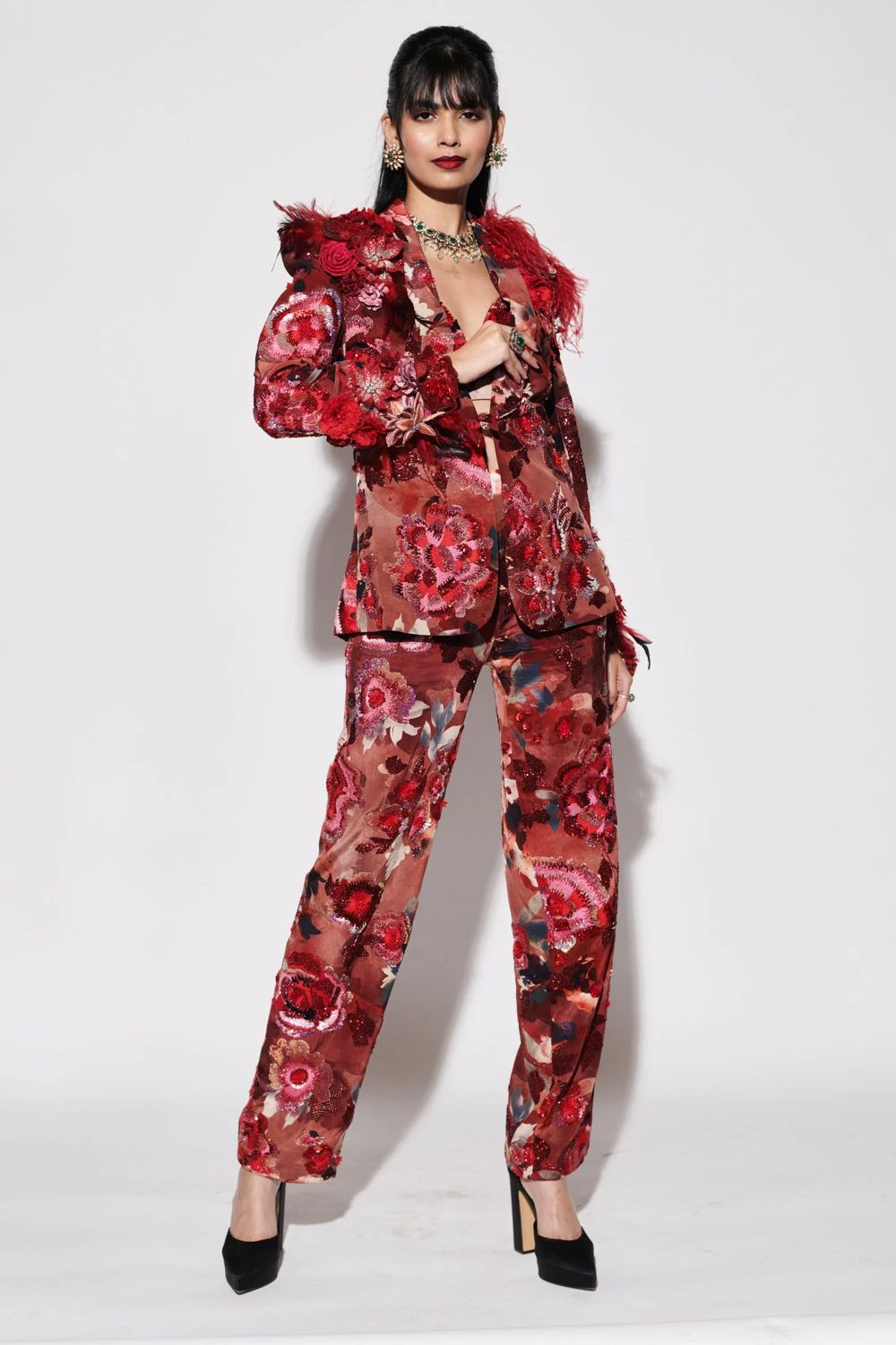 Varun Bahl Red Printed Power Shoulder Jacket Set 7 Varun Bahl Red Printed Power Shoulder Jacket Set - Image 5