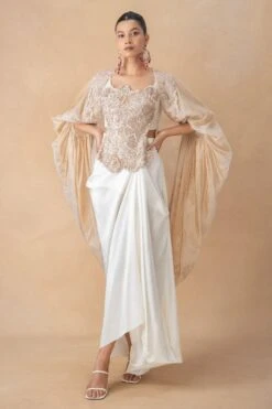 Anamika Khanna Ivory Floral Sequin Embellished Cape Skirt Set