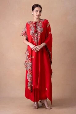 Anamika Khanna Bold Red Paisley Embellished Kaftan-Skirt Set