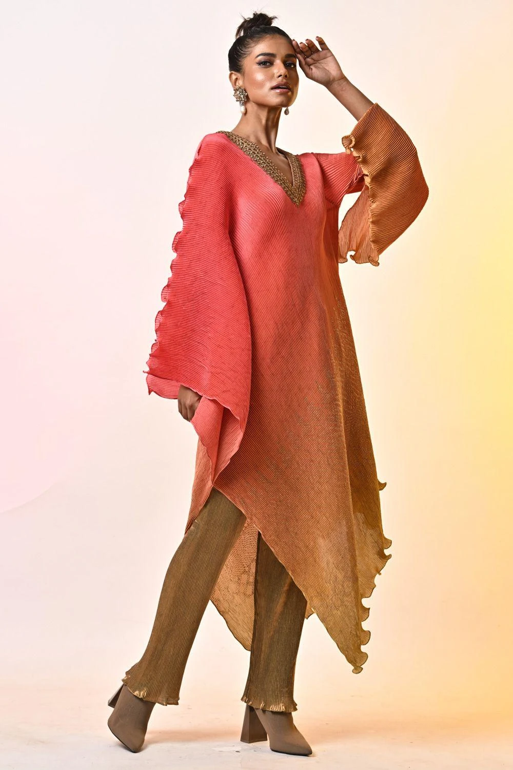 Kiran Uttam Ghosh Coral Ombre Hand Embellished Kaftan 4 Kiran Uttam Ghosh Coral Ombre Hand Embellished Kaftan - Image 2