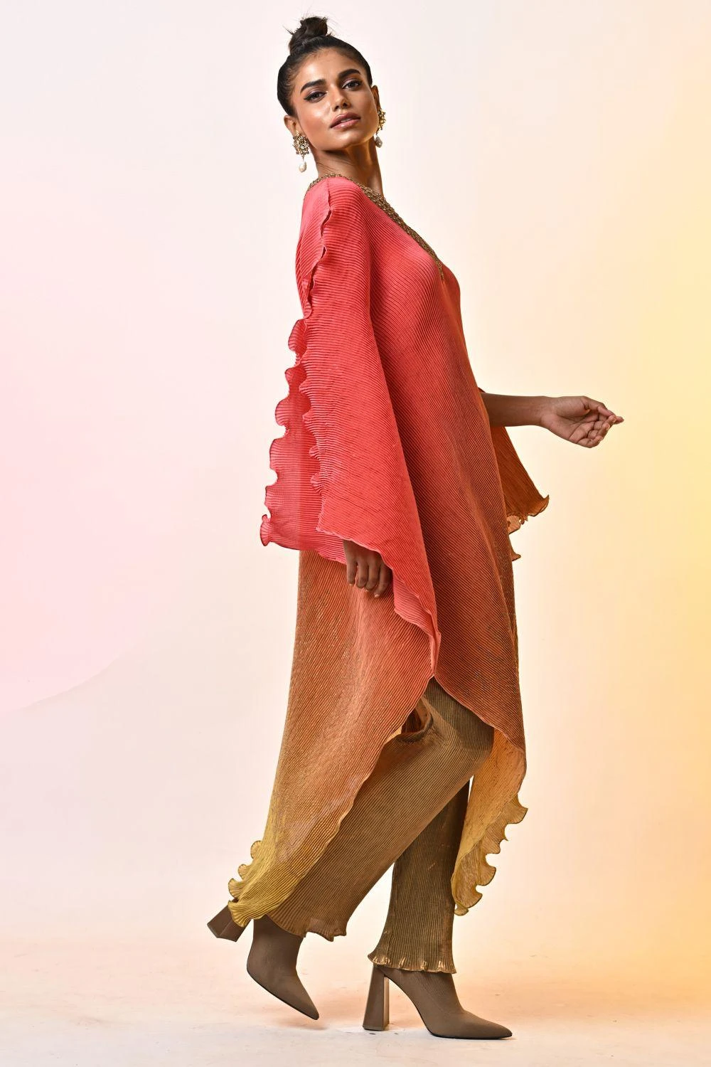 Kiran Uttam Ghosh Coral Ombre Hand Embellished Kaftan 5 Kiran Uttam Ghosh Coral Ombre Hand Embellished Kaftan - Image 3