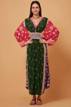 Siddhartha Bansal Green & Pink Floral Pleated Kaftan