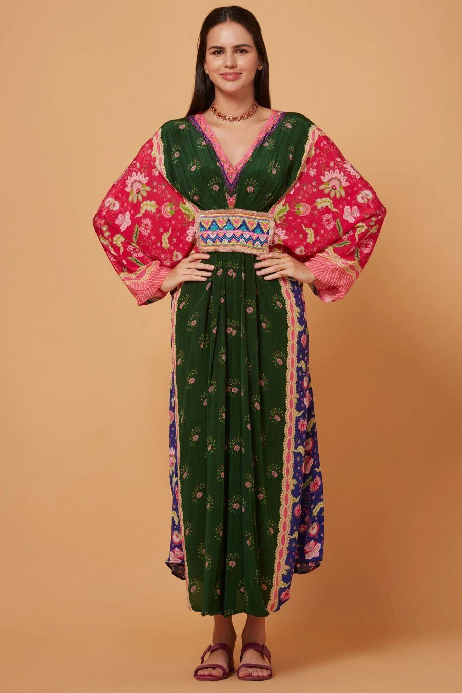 Siddhartha Bansal Green & Pink Floral Pleated Kaftan 3 Siddhartha Bansal Green & Pink Floral Pleated Kaftan