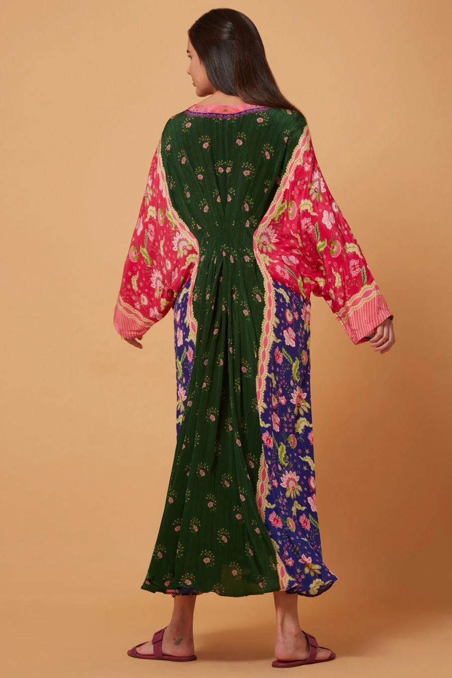Siddhartha Bansal Green & Pink Floral Pleated Kaftan 4 Siddhartha Bansal Green & Pink Floral Pleated Kaftan - Image 2