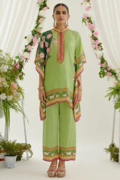 Rajdeep Ranawat Lime Green Band Collar Kaftan Set