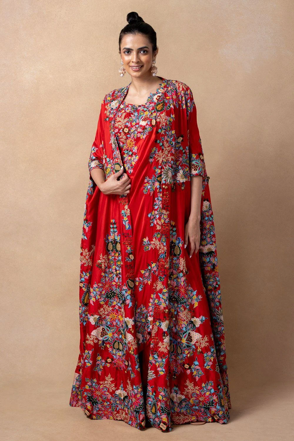 Anamika Khanna Red Embellished Cape Set 4 Anamika Khanna Red Embellished Cape Set - Image 2