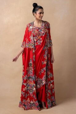 Anamika Khanna Red Embellished Cape Set
