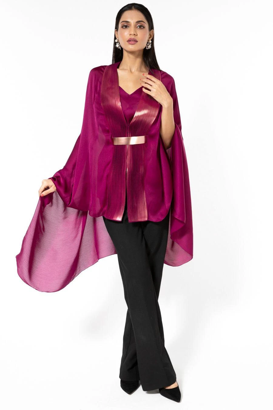 Amit Aggarwal Wine Panelled Cape With Belt 3 Amit Aggarwal Wine Panelled Cape With Belt