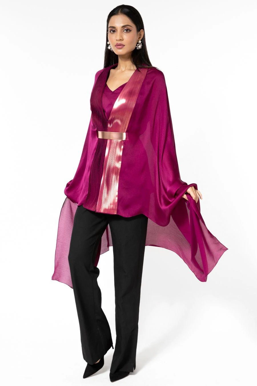 Amit Aggarwal Wine Panelled Cape With Belt 4 Amit Aggarwal Wine Panelled Cape With Belt - Image 2