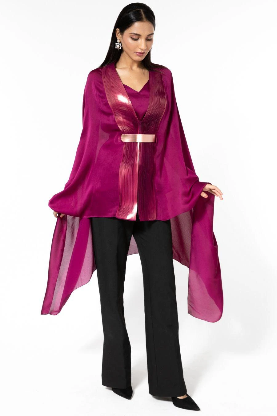 Amit Aggarwal Wine Panelled Cape With Belt 5 Amit Aggarwal Wine Panelled Cape With Belt - Image 3
