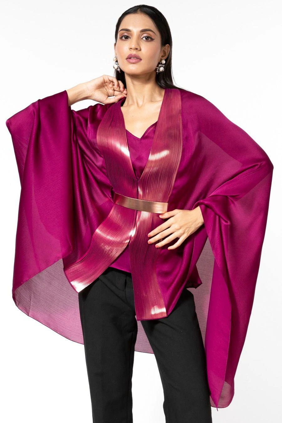 Amit Aggarwal Wine Panelled Cape With Belt 6 Amit Aggarwal Wine Panelled Cape With Belt - Image 4