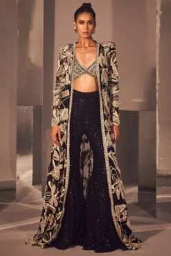 Ritika Mirchandani Black & Gold Floral Embellished Jacket Set