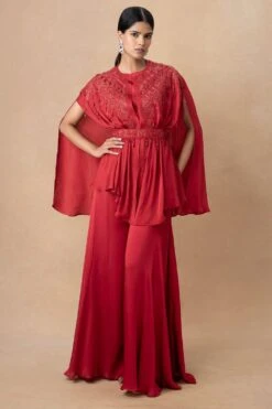 Ahilian Red Embellished Cape Set