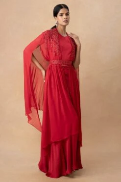 Ahilian Red Crystal Embellished Cape Set