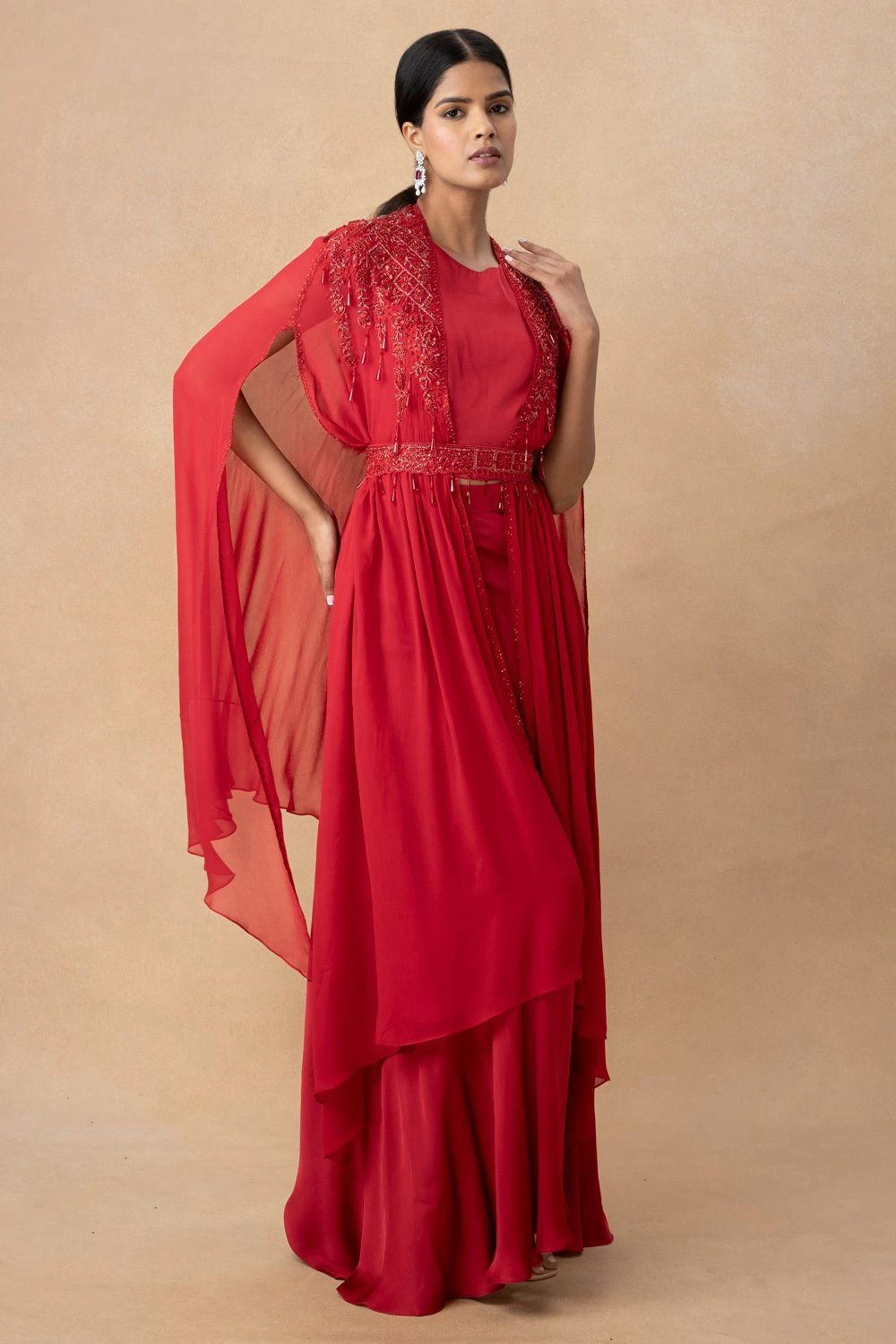 Ahilian Red Crystal Embellished Cape Set 3 Ahilian Red Crystal Embellished Cape Set