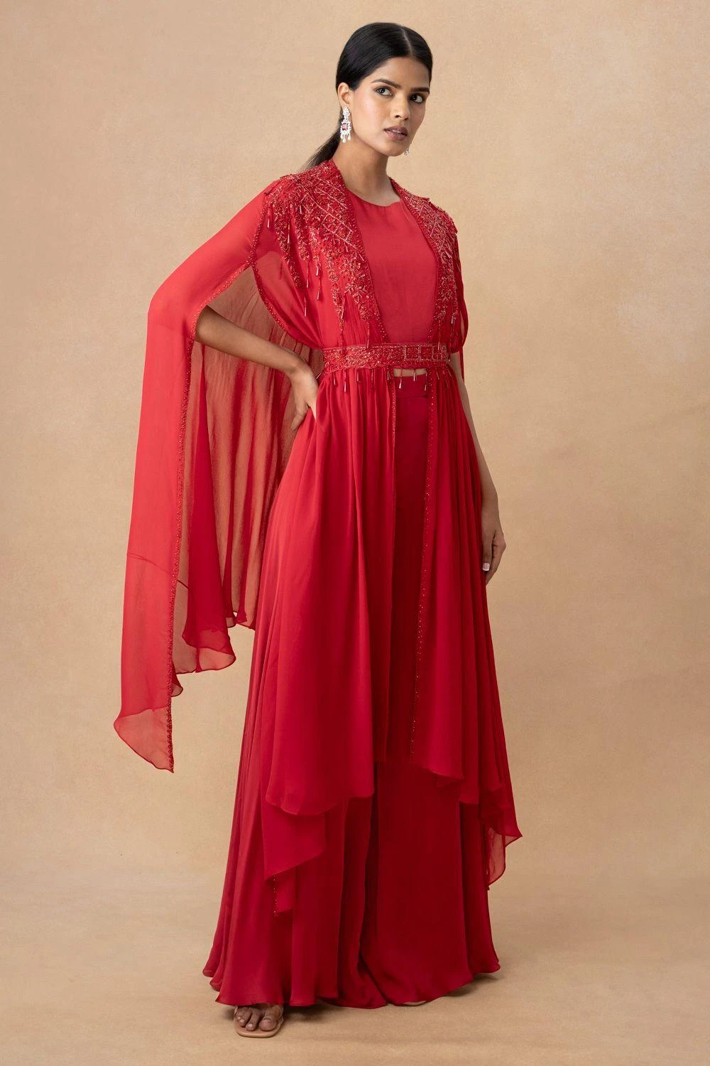 Ahilian Red Crystal Embellished Cape Set 4 Ahilian Red Crystal Embellished Cape Set - Image 2