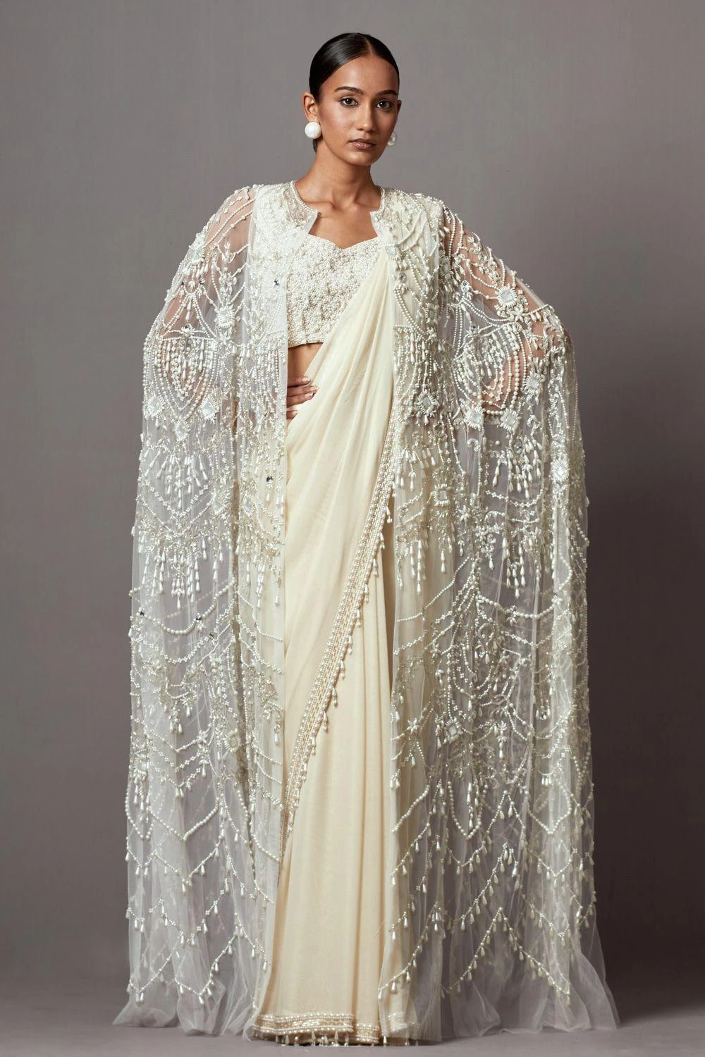 Mala And Kinnary Ivory White Pearl & Sequin Adorned Cape Set 3 Mala And Kinnary Ivory White Pearl & Sequin Adorned Cape Set