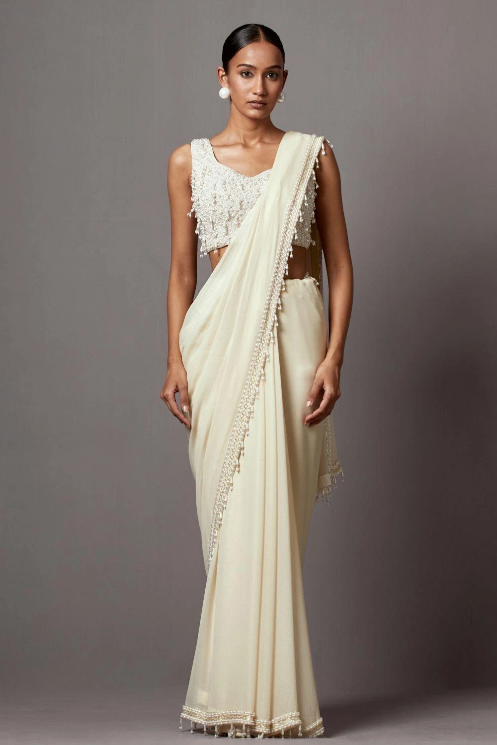 Mala And Kinnary Ivory White Pearl & Sequin Adorned Cape Set 4 Mala And Kinnary Ivory White Pearl & Sequin Adorned Cape Set - Image 2